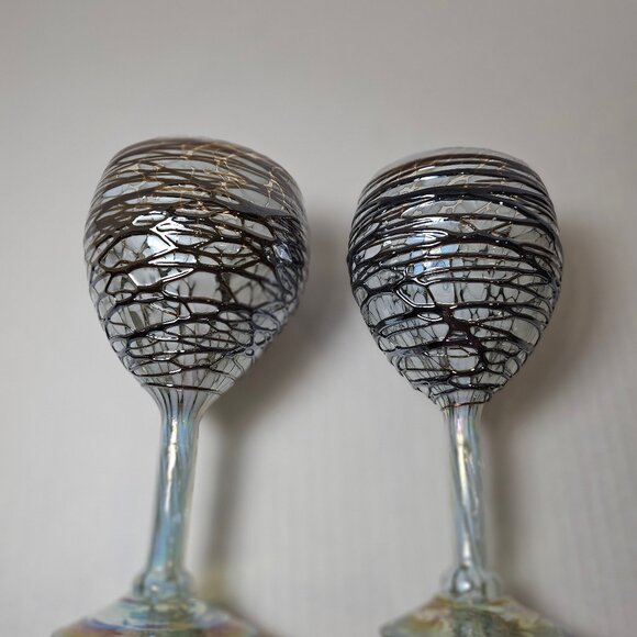 Unique Hand Blown Art Glass 2 Goblets With Chocolate Web Design Over White Base - Picture 4 of 12
